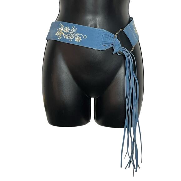 VINTAGE Y2K FAUX SUEDE EMBROIDERED BELT FRINGED FAIRY BOHO COTTAGE HIPPIE SZ M - Picture 1 of 3